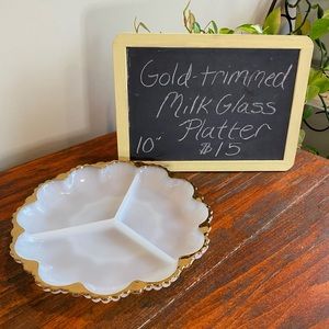 Vintage milk glass platter trimmed in gold. Great condition!